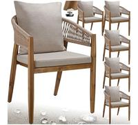tectake® Chaise de Jardin Lot de 6, Acacia, Corde tressée, 59x58x76,5cm | Résistant aux intempéries, Coussins épais, housses polyester déperlantes amovibles lavables, pieds en Acacia massif, sable