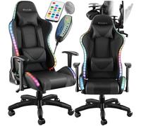 TecTake Chaise de jeu, chaise de bureau ergonomique avec fonction massage, éclairage LED, dossier et accoudoirs réglables, chaise pivotante inclinable, chaise de bureau et gaming - Noir/noir