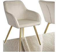 Chaise - TECTAKE - Fauteuil de salle à manger MARYLIN en velours avec pieds en acier doré - Crème/Doré