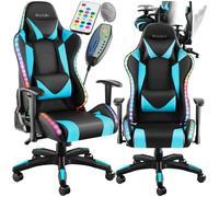 Chaise de gaming - TECTAKE - Fauteuil de bureau gamer TARTAROS dossier réglable avec fonction de massage et LED - Noir/Azur