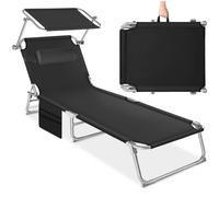 tectake® Chaise Longue 190x68x111cm Pliable Réglable sur 4 Positions Résistante aux intempéries Respirante avec Pare-Soleil & Appui-tête, Poche latérale, poignée de Transport, Jardin, Camping - Noir