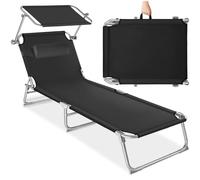 tectake® Chaise Longue Pliante Bain de Soleil Jardin Exterieur avec Pare Soleil & Appuie-tête Chaise Longue inclinable Transat de Plage Relax Jardin Camping Salon de Jardin Exterieur - Noir