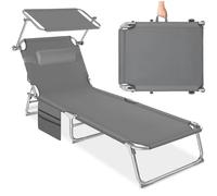 tectake® Chaise Longue 190x68x111cm Pliable Réglable sur 4 Positions Résistante aux intempéries Respirante avec Pare-Soleil & Appui-tête, Poche latérale, poignée de Transport, Jardin, Camping - Gris