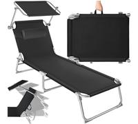 tectake® Chaise Longue Pliante Bain de Soleil Jardin Exterieur avec Pare Soleil & Appuie-tête Chaise Longue inclinable Transat de Plage Relax Jardin Camping Salon de Jardin Exterieur - Noir