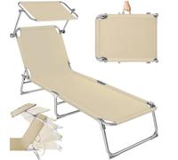 tectake® Chaise Longue Pliante Bain de Soleil Jardin Exterieur avec Pare Soleil & Appuie-tête Chaise Longue inclinable Transat de Plage Relax Jardin Camping Salon de Jardin Exterieur - Beige