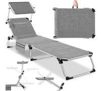 tectake® Chaise Longue rembourrée, Pliable, en Aluminium, avec Pare-Soleil | Dossier réglable en 6 positions, Appui-tête, Résistante intempéries & UV, 200x60,5x34 cm, Poche latérale, Gris tâcheté