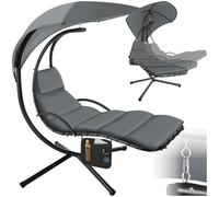 tectake® Chaise Longue Suspendue avec Support, Pare-Soleil Anti-UV, Stable | Résistante aux Intempéries, intérieur & extérieur, ergonomique, Rembourrage lavable, 195x132x197 cm, Poche latérale, gris