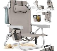 tectake® Chaise pliante Chaise Plage Fauteuil Camping, Cadre en Aluminium inoxydable, Dossier réglable 5 positions avec Appuie-tête Porte gobelet Sac isotherme intégré Accessoire plage Voyage Festival