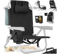 tectake® Chaise pliante Chaise Plage Fauteuil Camping, Cadre en Aluminium inoxydable, Dossier réglable 5 positions avec Appuie-tête Porte gobelet Sac isotherme intégré Accessoire plage Voyage Festival