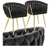 tectake® Chaises de Salle à Manger Modernes, Lot de 2, Rembourrées, Noir/Or | Revêtement en velours, Design noué, Dossier continu, 60,5 x 55 x 75 cm, Pieds fins en acier réglables en hauteur, Max. 120 kg