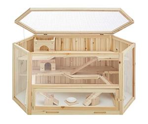 tectake® Clapier pour rongeurs, 3 étages, Toit grillagé, 115 x 60 x 58 cm | Cage en bois, Fenêtres transparentes en plexiglas, Tiroir intégré, 3 Rampes, 2 Bascules de jeu et Gamelle inclus, Marron