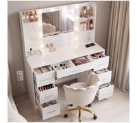 tectake® Coiffeuse avec Miroir & Éclairage LED, 107 cm, Prises & Ports USB | 7 Tiroirs, 4 Étagères ouvertes, 5 Crochets à bijoux, 107 x 42,5 x 140 cm, Éclairage LED à intensité variable et 3 couleurs