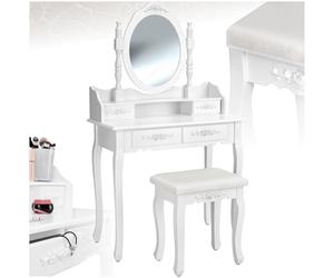 tectake® Coiffeuse avec Miroir et Tabouret Table de Maquillage Vanity Desk avec Miroir pivotable, Banc Tabouret Coiffeuse rembourré, 4 Tiroirs Rangement Maquillage Coiffeuses Adulte Femme Bois Blanc