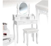 tectake® Coiffeuse avec miroir et tabouret Table de Maquillage Vanity Desk avec Miroir pivotable, Banc Tabouret Coiffeuse rembourré, 4 Tiroirs Rangement Maquillage Coiffeuse Adulte Femme en Bois Blanc