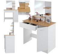 TecTake® Coiffeuse avec Miroir Table de Maquillage Vanity Desk Moderne avec 3 étagères 1 tiroir, 1 Compartiment à Porte Rangement Maquillage Meuble Coiffeuse Adulte Femme Blanc/Hêtre