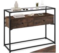 TecTake® Console Meuble Reading 101,5 x 41,5 x 80,5 cm, Plateau en Verre 958 x 358 x 5 mm, Console d'entrée Table de Salon Meuble d'entrée Style Industriel, Meubles Salon Couloir Bureau, Bois foncé