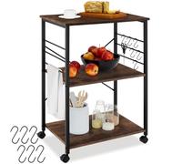 TecTake® Desserte à roulettes 65,5 x 45,5 x 88,5 cm, Servante à 3 Niveaux et 6 Crochets pour Accessoires Chariot de Service Desserte de Cuisine roulettes pivotantes à Frein Meuble Cuisine, Bois foncé