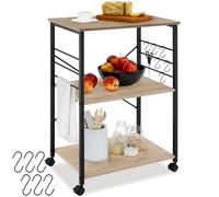 TecTake® Desserte à roulettes 65,5 x 45,5 x 88,5 cm, Servante à 3 Niveaux et 6 Crochets pour Accessoires Chariot de Service Desserte de Cuisine roulettes pivotantes à Frein Meuble Cuisine, Bois Clair