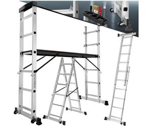 TECTAKE Échafaudage 3 en 1 Aluminium: Échelle, Escabeau, Plateforme - 150kg