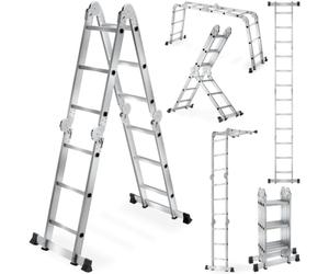 tectake® Échelle Polyvalente Multifonctions Aluminium 352cm, 6en1, Échelle Simple ou Double, Escabeau, Porte-à-Faux, Échafaudage, Position M, Charge Max 150kg, 12 échellons, Pliable et Antidérapante