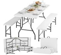 tectake® Ensemble Table de Camping et 2 Bancs, Résistant aux intempéries et Pliable, Table extérieure 180x70x74 cm, Bancs 180x27.5x42 cm, Mobilier de Camping 8 Personnes, Jardin, Pique-Nique - Blanc