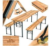 tectake® Ensemble de Brasserie Pliable, 1 Table et 2 Bancs, Bois de Sapin | Table 220 x 50,5 x 77,5 cm, Banc 220 x 25 x 47,5 cm, Finition Vernie, Capacité Table 100 kg / Banc 300 kg, Cadre en acier