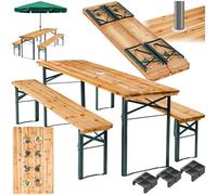 tectake® Ensemble de Brasserie Pliable, 1 Table et 2 Bancs, Support Parasol | Table 170 x 46 x 78 cm, Banc 170 x 23 x 47,5 cm, Bois de Sapin verni, Capacité Table 100 kg / Banc 300 kg, Cadre en Acier