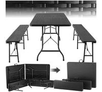 tectake® Ensemble de Table pliante de Pique Nique Table de Camping Pliante et 2x Banc de Jardin en Acier Aspect Rotin, Compacte Table Brocante Table a manger Table à tapisser avec Poignée de transport