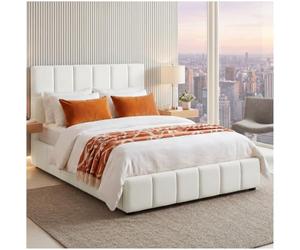 tectake® Ensemble Lit capitonné 120 x 200 cm, Cadre de Lit rembourré avec Motif matelassé, Sommier à Lattes, Structure Solide Bois & Acier, Montage Facile, Max. 250 kg - Tissu Teddy Crème