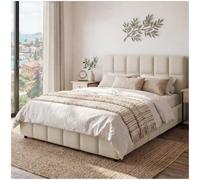 tectake® Ensemble Lit capitonné 140 x 200 cm, Cadre de Lit rembourré avec Motif matelassé, Sommier à Lattes, Structure Solide Bois & Acier, Montage Facile, Max. 250 kg - Aspect Velours Sable