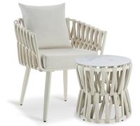 tectake® Ensemble Salon de Jardin, Chaise avec Table, Tressage en Corde | Aluminium, Plateau verre de sécurité, Résistant intempéries et UV, Coussins Assise et Dossier épais, Max. 120 kg, Beige