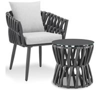 tectake® Ensemble Salon de Jardin Exterieur 1 Personne, Un Fauteuil Exterieur et Une Table d'appoint avec Plateau en Verre, Tressage en Corde Haut de Gamme, Table et Chaise Jardin, Terrasse, Balcon