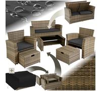 TecTake® Ensemble Salon de Jardin Exterieur en Poly Rotin 1 Banquette Exterieur 2 Fauteuil 2 Tabouret et 1 Table de Jardin, Mobilier de Jardin pour Amenagement Balcon - Marron Naturel