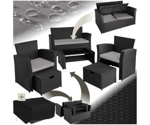 tectake® Ensemble Salon de Jardin Exterieur en Poly Rotin 1 Banquette Exterieur 2 Fauteuil 2 Tabouret et 1 Table de Jardin, Mobilier de Jardin pour Amenagement Balcon - Noir/Gris