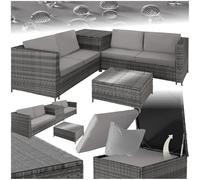 TecTake® Ensemble Salon de Jardin Exterieur en Poly Rotin 4 Personnes, 2 Canapés modulables, Coffre de Rangement et Table de Jardin en Verre Inclus, Mobilier de Jardin pour Amenagement Balcon