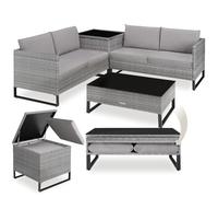 tectake® Ensemble Salon de Jardin Exterieur Modulable en Rotin, Canape Exterieur 4 personnes, Table basse avec Plateau en Verre, Coffre de rangement, Coussins Inclus, Salon de Jardin, Balcon, Terrasse