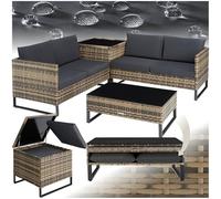 TecTake® Ensemble Salon de Jardin Exterieur Modulable Canapé de Jardin en Poly Rotin 4 Personnes, Table de Jardin & Coffre de Rangement Inclus, Mobilier de Jardin pour Amenagement Balcon