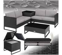 TecTake® Ensemble Salon de Jardin Exterieur Modulable Canapé de Jardin en Poly Rotin 4 Personnes, Table de Jardin & Coffre de Rangement Inclus, Mobilier de Jardin pour Amenagement Balcon