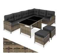 tectake® Ensemble Salon de Jardin Exterieur Modulable en Rotin, Canape Exterieur d’Angle, Table avec Plateaux en Verre et 2 Tabouret Pouf, Coussins Inclus, Salon de Jardin, Balcon, Terrasse
