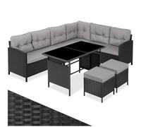 tectake® Ensemble Salon de Jardin Exterieur Modulable en Rotin, Canape Exterieur d’Angle, Table avec Plateaux en Verre et 2 Tabouret Pouf, Coussins Inclus, Salon de Jardin, Balcon, Terrasse
