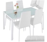 tectake® Ensemble Table et 4 Chaises de Salle à Manger, 120 x 70 x 75 cm | Design élégant, Plateau en verre trempé, Sièges rembourrés en Cuir synthétique, Structure en Acier Patins en plastique, Blanc