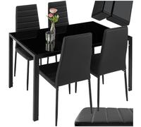 tectake® Ensemble Table et 4 Chaises de Salle à Manger, 120 x 70 x 75 cm | Design élégant, Plateau en verre trempé, Sièges rembourrés en Cuir synthétique, Structure en Acier, Patins en plastique, Noir