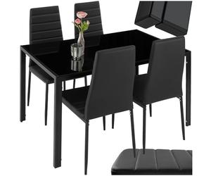 tectake® Ensemble Table et 4 Chaises de Salle à Manger, 120 x 70 x 75 cm | Plateau en verre trempé, Sièges en Cuir synthétique rembourrés et Matelassés, Structure en Acier, Patins en plastique, Noir