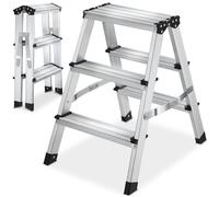 tectake® Escabeau Double Face Pliable 40 x 58 x 58 cm, 3 étages, Marches striées, Pieds en Caoutchouc antidérapants, Max 150 kg, Marchepied escamotable en Aluminium, Escabeau Bricolage, Maison