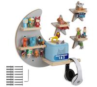 tectake® Étagère Murale pour TonieBox 1 et 2, Jusqu’à 25 Figurines, Étoile | Max 25 Tonies, Bandes métalliques double face, Magnétique, Passage de câbles, Support pour casque, Supports Lune et 3 étoiles