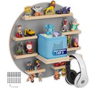 tectake® Étagère Murale pour TonieBox 1 et 2, Jusqu’à 28 Figurines, Lune | Maximum 28 Tonies, Bandes métalliques double face, Magnétique, Passage de câbles, Support pour casque, Ø 44,5 x 16,5 cm