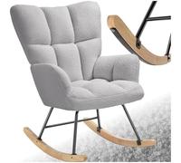 tectake® Fauteuil à Bascule rembourré, 70x96x97 cm, Tissu Bouclé, Max 120kg | Grand dossier confort, Patins en bois, Structure en Acier, Assise ergonomique, Style scandinave, Motif matelassé, Gris clair