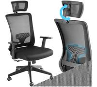 tectake® Fauteuil de Bureau Ergonomique, Rembourrage 9 cm, Pivotant à 360° | Soutien lombaire & Appuie-tête réglables, Tissu Mesh, Accoudoirs réglables, Fonction bascule, Max 150kg, 71x67x120 - 130 cm
