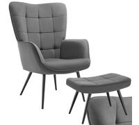 tectake® Fauteuil rembourré avec Repose-Pieds, Dossier Ergonomique, Velours | Accoudoirs larges, Mousse haute Densité, Pieds en Acier, Embouts plastique, 72 x 76 x 100.5 cm, Max. 150 kg, Anthracite/Noir