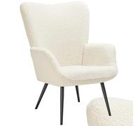 tectake® Fauteuil rembourré, Dossier Ergonomique, 72x76x100.5 cm, Bouclé | Accoudoirs larges, Mousse haute Densité, Pieds en Acier, Embouts en plastique doux pour le sol, Capacité 150 kg, Crème/Noir